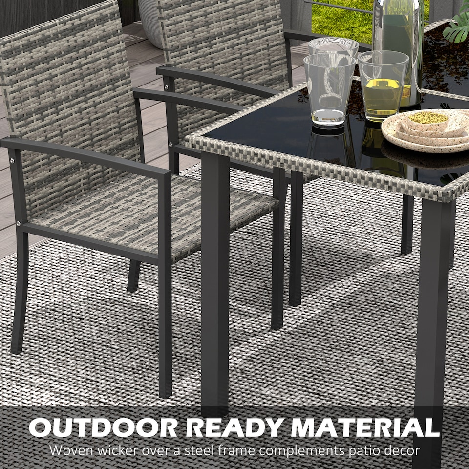 image 1 of Outsunny 4 Seater Rattan Dining Set with Rectangular Glass Top Table and 4 Armchairs, PE Rattan Garden Furniture Set, Outdoor Dining Table and Chairs for Patio, Balcony, Terrace, Mixed Grey