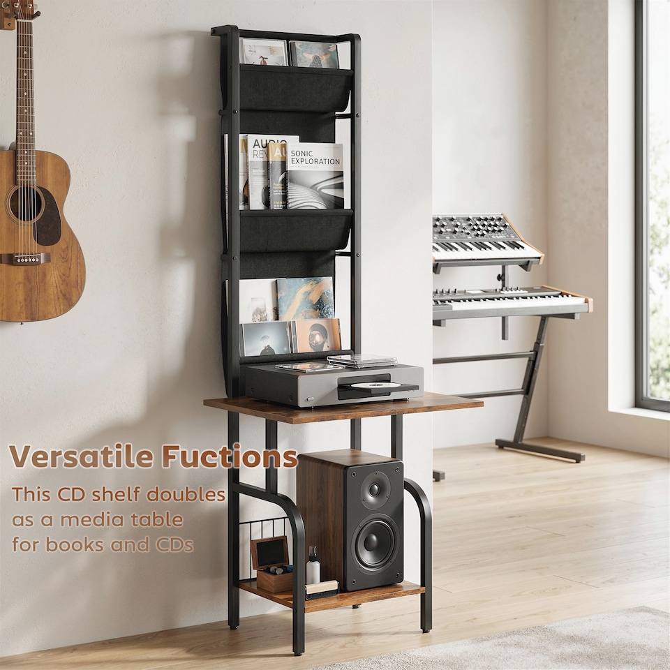image 1 of HOMCOM Vinyl Record Player Stand with Oxford Pockets Rustic Brown and Black | Brown | Rustic Brown and Black | 50 x 48.5 x 144 cm