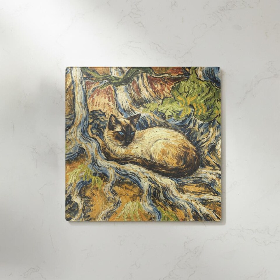 image 1 of Van Gogh Tree Roots Cat Square Glass Hot Pot Stand - Heat Resistant Non-Slip Trivet