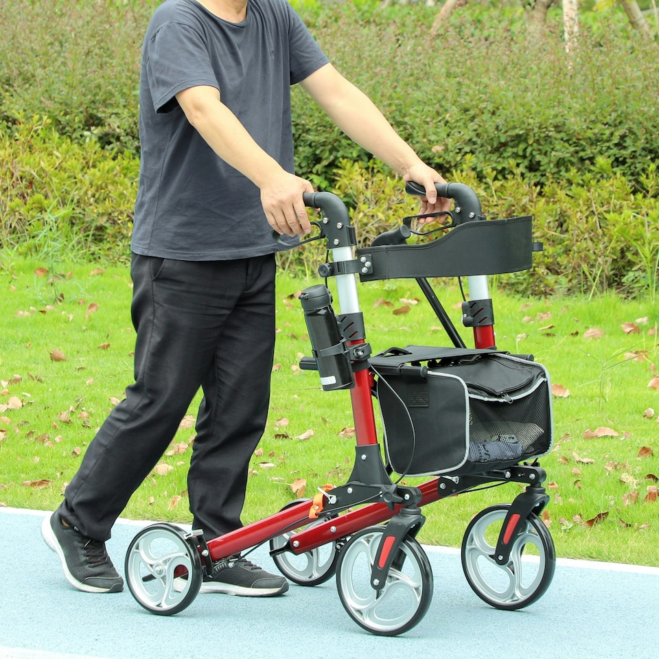 image 1 of HOMCOM Fully Folding Rollator Walker with Seat, Backrest, Bag, Red