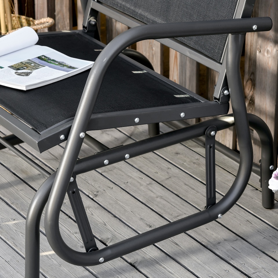image 1 of Outsunny Outdoor Garden Glider Chair, Metal Frame Single Armchair Swing Seater with Breath Mesh Fabric Seat, Curved Backrest, Armrests, for Living Room, Patio, Porch, Dark Grey