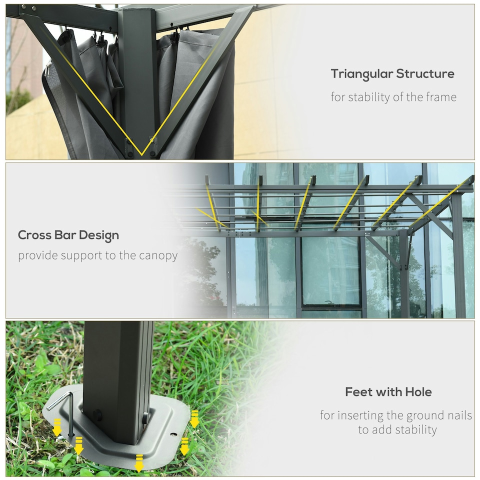 image 1 of Outsunny 3.6 x 3m Outdoor Pergola with Retractable Roof and Curtains, Garden Gazebo Canopy Sun Shade Shelter with Aluminum Frame, Dark Grey
