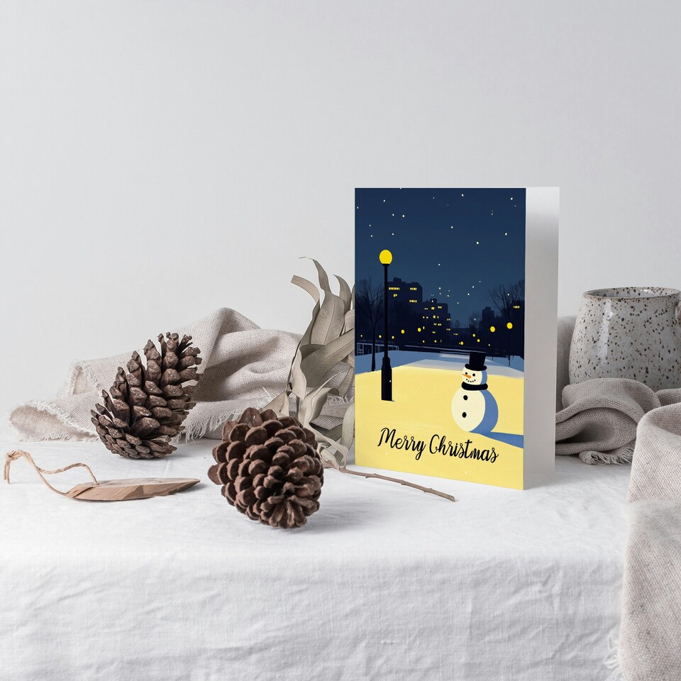 image 1 of Snowman Under City Lamp Post Night Cityscape Blank For Him Or Her Art Christmas Card