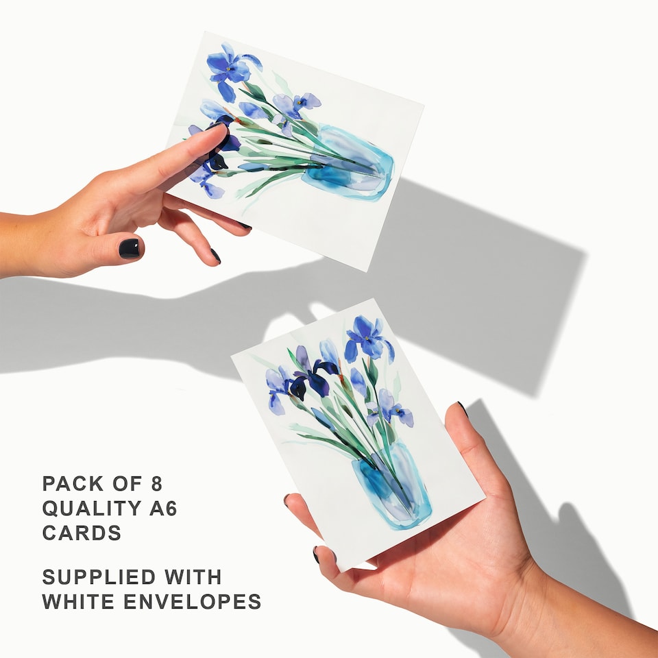 image 1 of Blue Iris Flower Bouquet Vase Floral Watercolour Art Cards Pack of 8