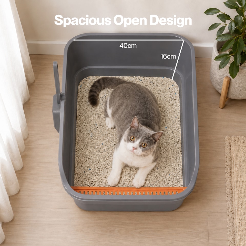 image 1 of Skylos Cat Litter Tray Spacious High Sided Low Entry Open Pan for Cats Grey