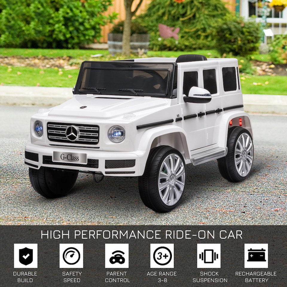 image 1 of HOMCOM Mercedes Benz G500 Licensed 12V Kids Electric Ride On Car Toy with Parental Remote Control Battery-powered 2 Motors Music Lights MP3 for 3-8 Years Old White