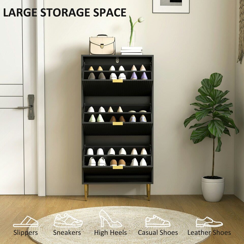 image 1 of HOMCOM Slim Shoe Storage Cabinet with 3 Flip Drawers for Hallway Black | Gold | 60W x 24D x 128H cm