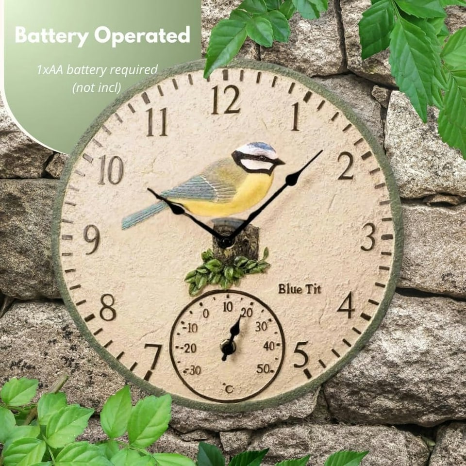 image 1 of Marco Paul 30cm Blue Bird Design Garden Clock and Thermometer Blue