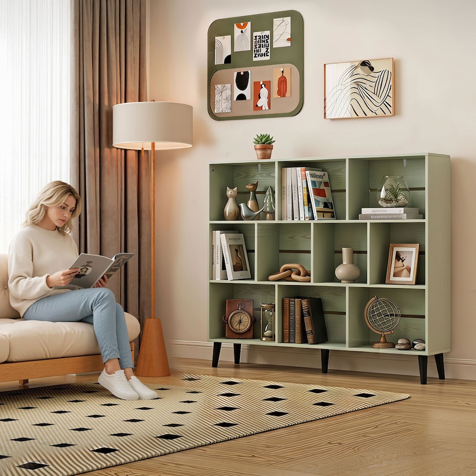 image 1 of HOMCOM 3-Tier Bookshelf with 10 Cubbies, Book Shelf with Wood Legs