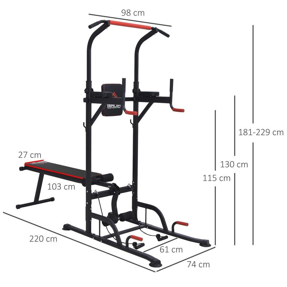 image 1 of HOMCOM Multifunction Home Workout Station Tower Steel Frame w/ Bench