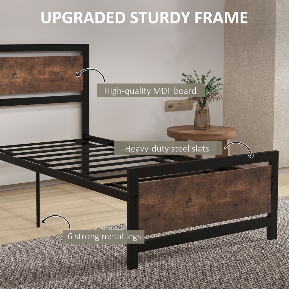 image 1 of HOMCOM Single Size Metal Bed Frame with Headboard & Footboard, Strong Slat Support Solid Bedstead Base w  Underbed Storage Space, Bedroom Furniture For Adults
