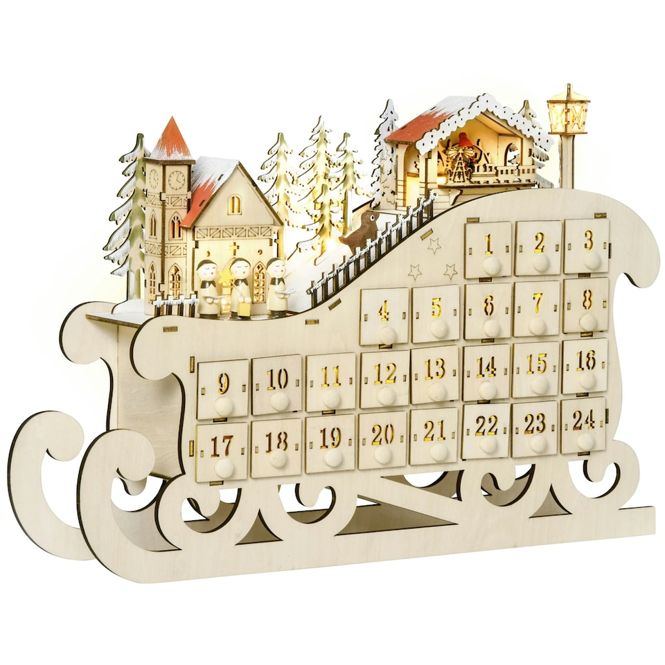 image 1 of HOMCOM Christmas Advent Calendar Light Up Sleigh w/ Countdown Drawer, Village