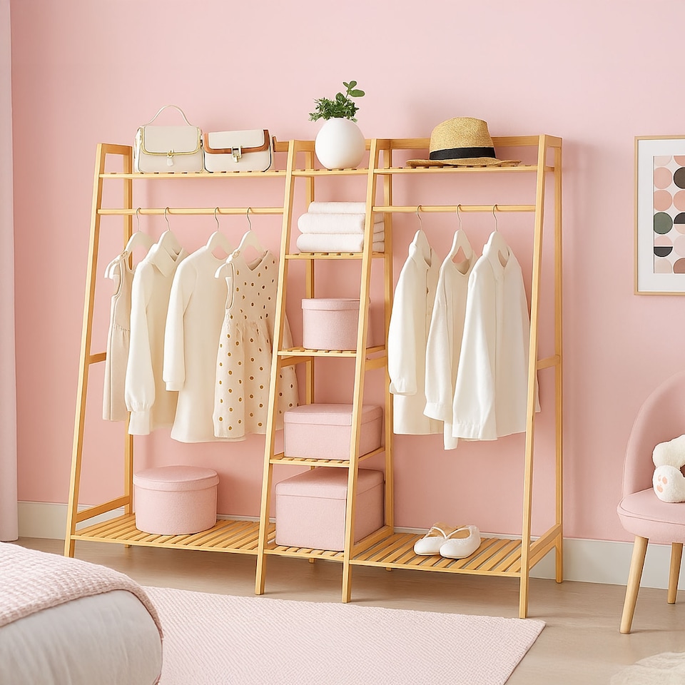 image 1 of Neo Natural Bamboo Freestanding Open Clothes Rack Storage Rail Coat Stand Shelf Hanging Entryway Bedroom Bathroom and Office