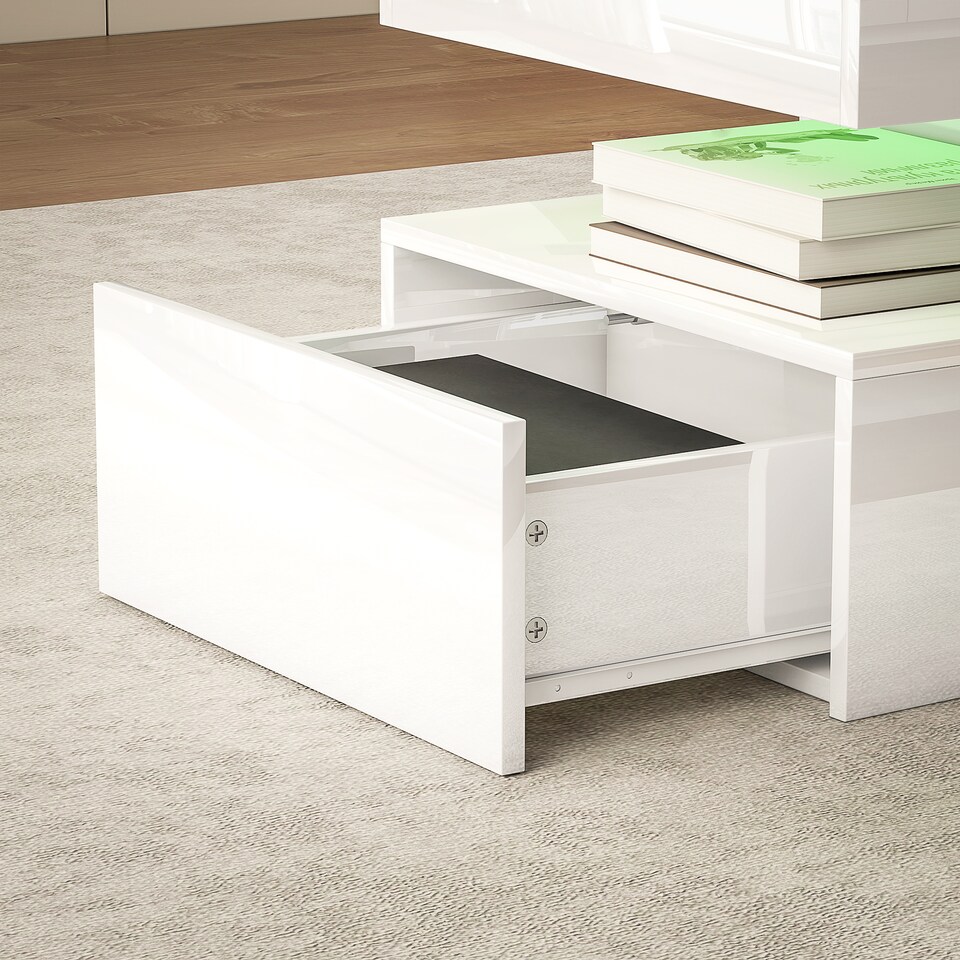 image 1 of HOMCOM LED Coffee Table with Storage, Modern High Gloss Living Room Table with 2 Drawers, Open Shelf and Remote Control, White