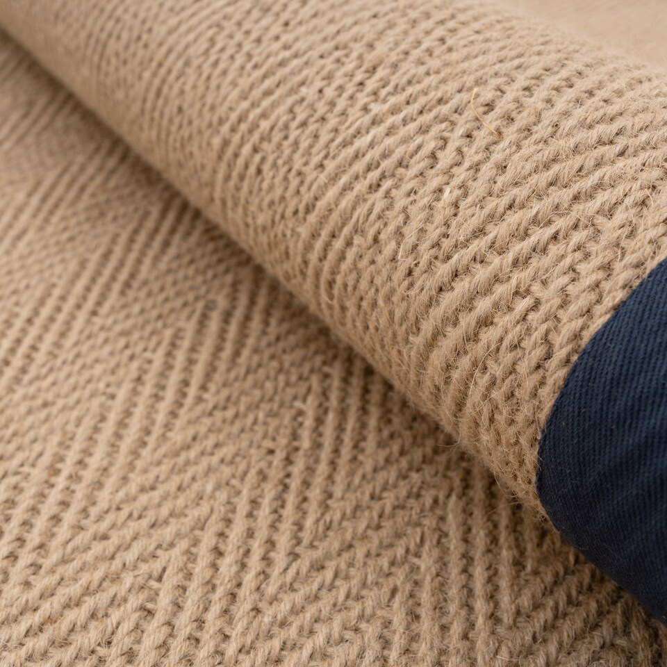 image 1 of KUKOON Beige Natural Jute Herringbone Pattern Non Slip Navy Border Rug 200cm x 290cm