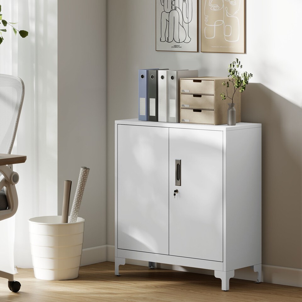 image 1 of HOMCOM Lockable Metal Filing Cabinet, 2-Tier Storage Cupboard | White | White | 80 x 35 x 91 cm