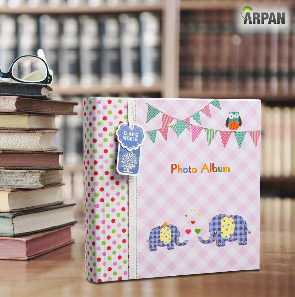 image 1 of ARPAN Slip In Memo Baby Photo Album – Holds 200 Photos 4x6" (10x15cm) – Elephant Design with Index Pages & CD/DVD Pocket