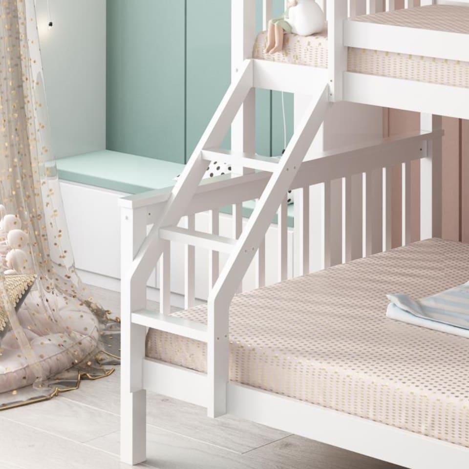 image 1 of White Bunk Bed with 2 Mattresses 3ft Single & 4ft6 Double Trio Bunk Beds, Wooden Children Bedroom Furniture