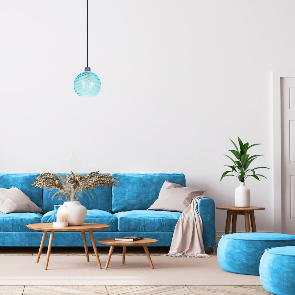 image 1 of Modern Designer Teal Circular Ribbed Glass Non Electric Pendant Lamp Shade | Blue