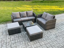 Fimous PE Rattan Garden Furniture Sets 7 Seater Outdoor Lounge Sofa Set Square Coffee Table 2 Big Footstool