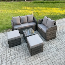 Fimous PE Rattan Garden Furniture Sets 7 Seater Outdoor Lounge Sofa Set Square Coffee Table 2 Big Footstool