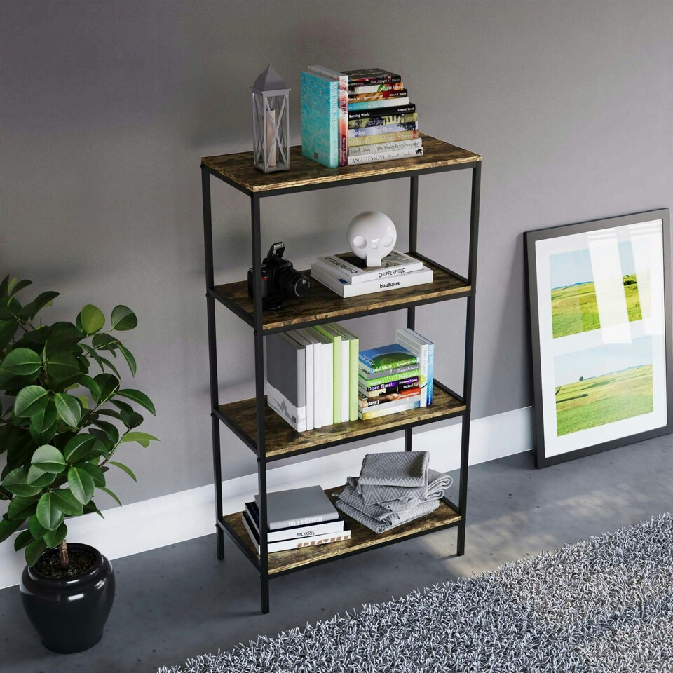 image 1 of Vida Designs Brooklyn 4 Tier Bookcase Industrial Style Display Storage, Dark Wood