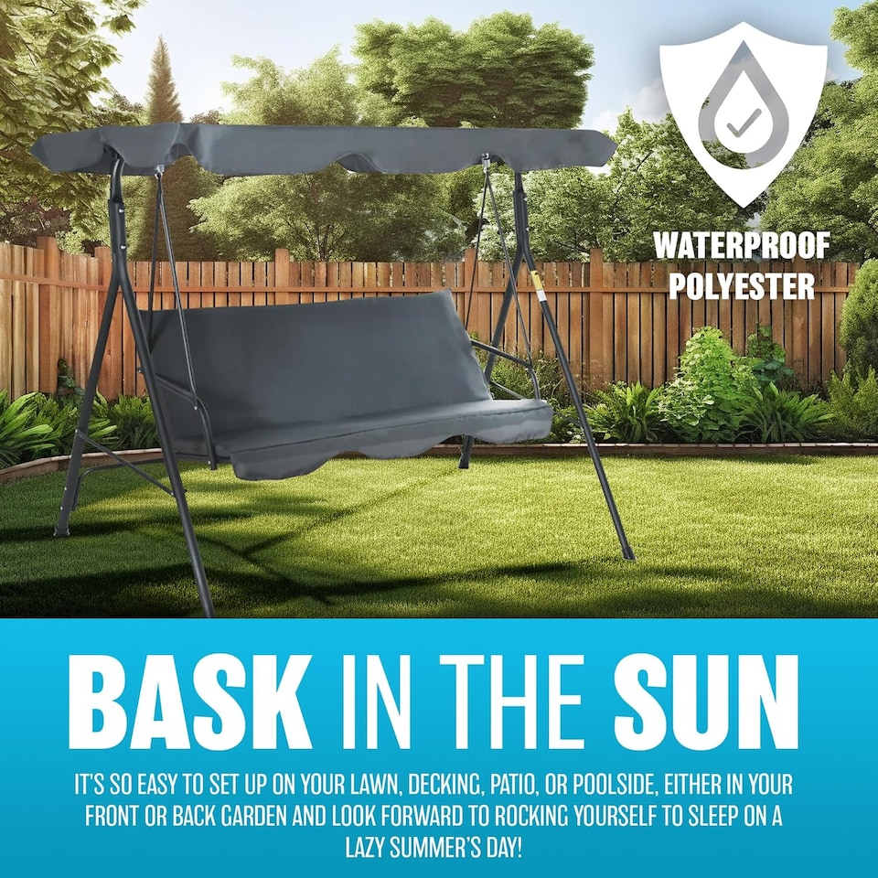 image 1 of 3 Seater Grey Garden Swing Chair Seat Hammock Swinging Metal Furniture