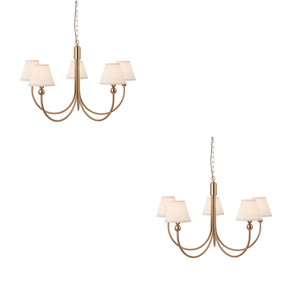 Stylish 2 Pack Hanging Ceiling Pendant Lights - Brushed Brass and Vintage White Fabric Shades