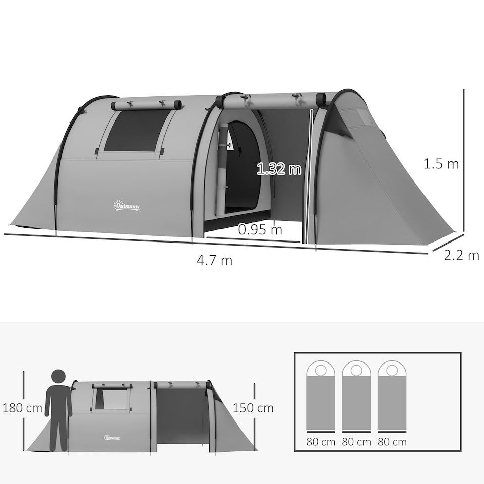 image 1 of Outsunny 3-4 Man Camping Tent, Large Family Tunnel Tent with Bedroom and Living Room, 3000mm Waterproof, Portable with Bag, for Fishing Hiking Festival, Grey | Grey | Grey