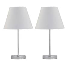 Set of 2 Chrome Stick Table Lamps with Ivory Off White Fabric Shades Chrome | Red