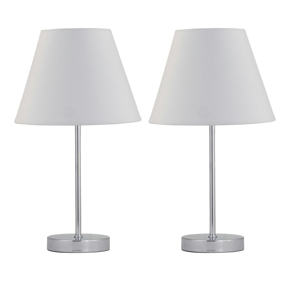 image 1 of Set of 2 Chrome Stick Table Lamps with Ivory Off White Fabric Shades Chrome | Red