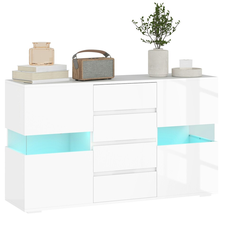 image 1 of HOMCOM LED Sideboard, High Gloss Storage Cabinet with 4 Drawers, White White