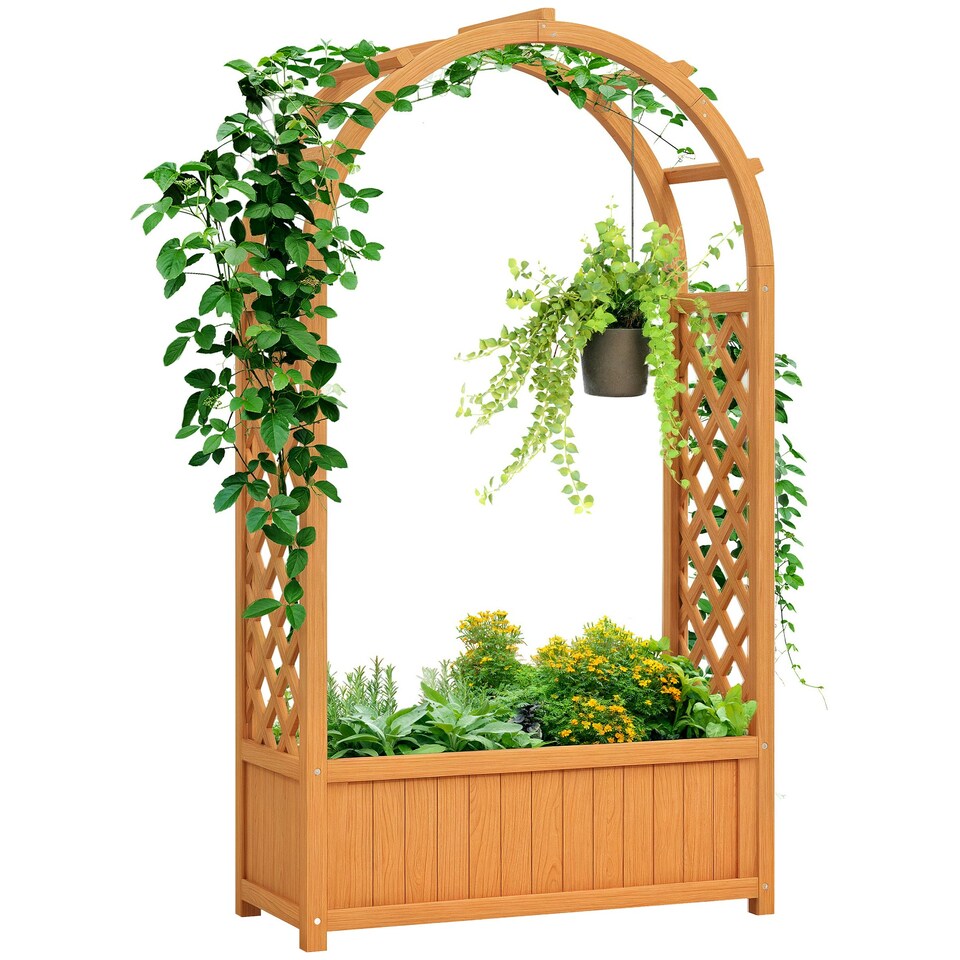 image 1 of Outsunny Wooden Raised Garden Bed, Trellis Planter w/ Trellis, Fabric Liner