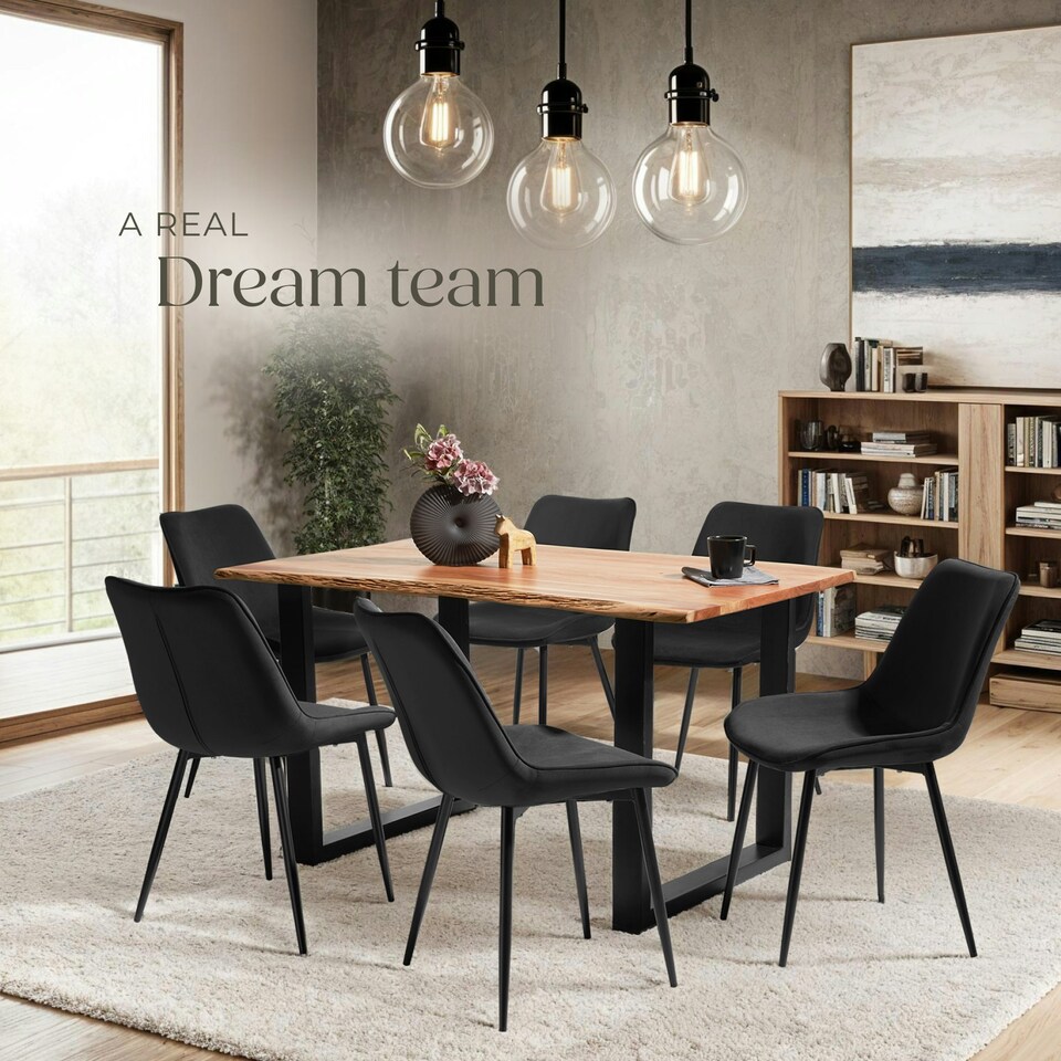 image 1 of Dining Chair Monroe - padded, velvet look, ergonomic seat, black steel legs - Set of 6 Black