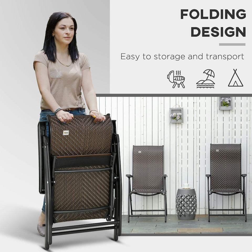 image 1 of Outsunny Set of 2 Outdoor Rattan Folding Chair Set w/ Adjustable Backrest Brown