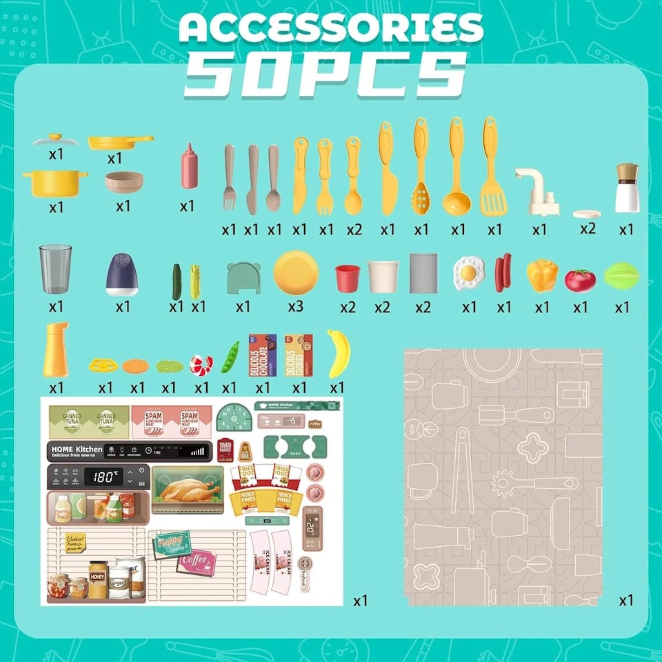 image 1 of Green Kids Role Play Kitchen Set – Realistic Lights, Sounds & Steam Spray with 40+ Accessories Educational Pretend Cooking Toy for Ages 3+