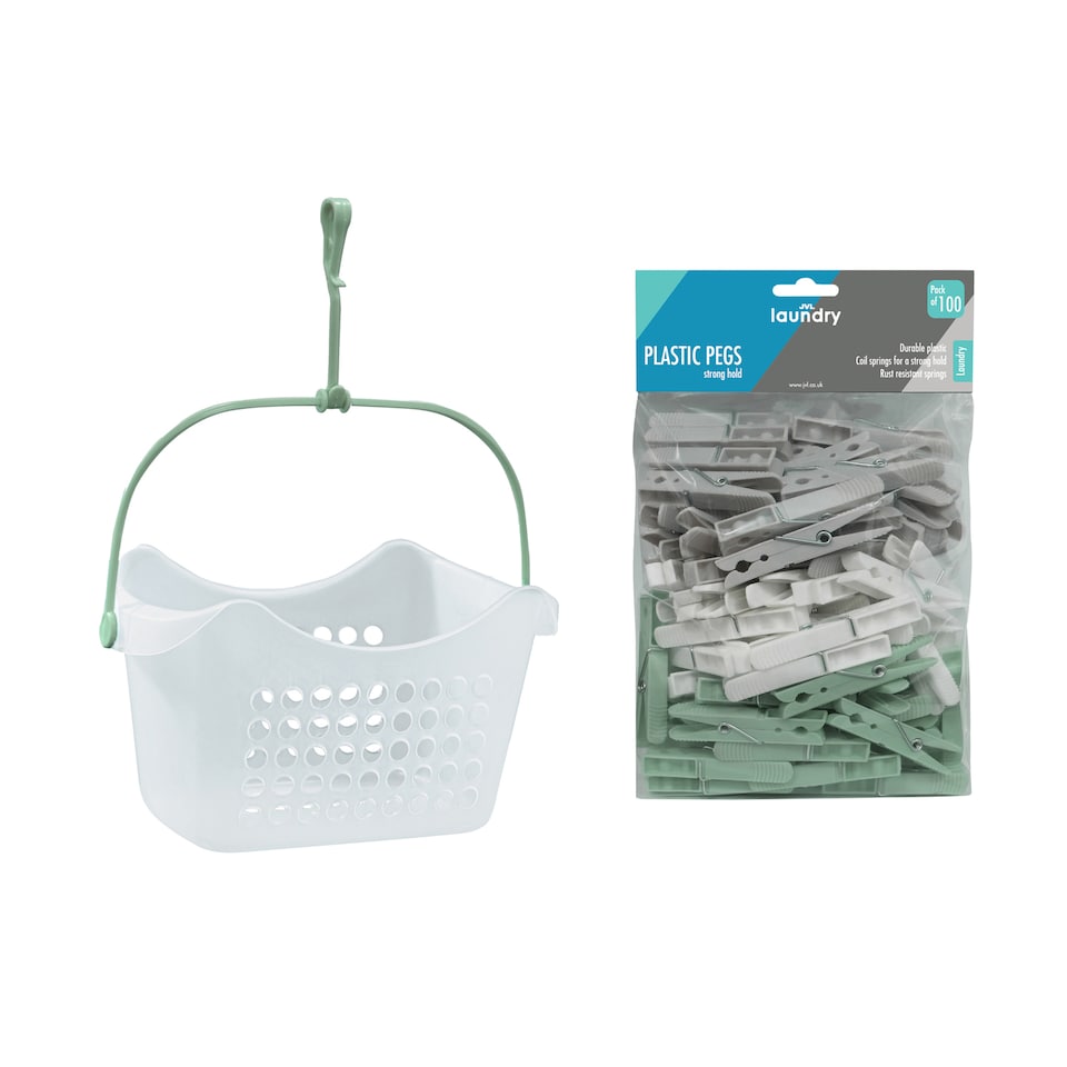 image 1 of JVL Peg Basket with 100 Plastic Clothes Pegs, Assorted Colours