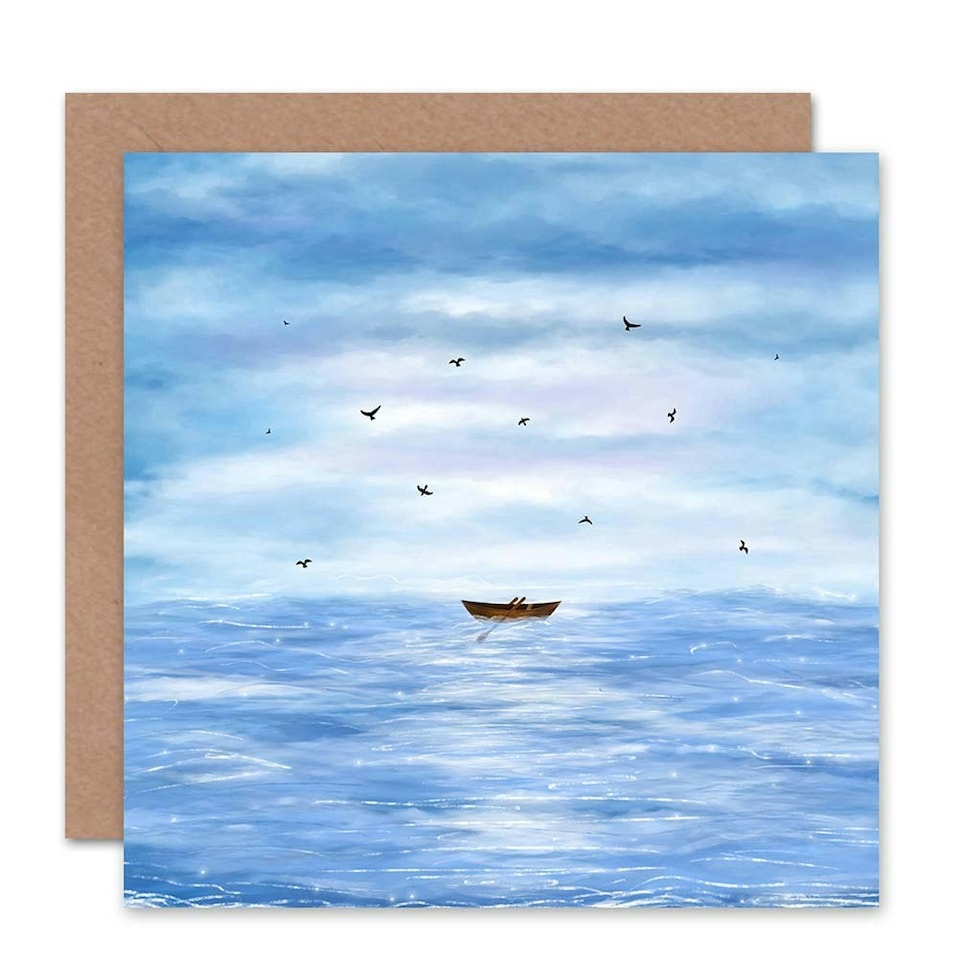 image 1 of Row Boat Bird Sea Scene Art Blank Just to Say Card