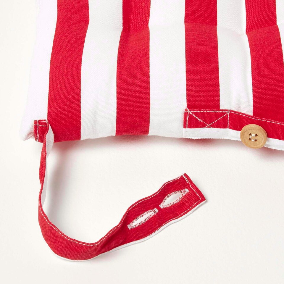image 1 of Homescapes Red Stripe Seat Pad with Button Straps 100% Cotton - 40 x 40 cm - Set of 4 Red