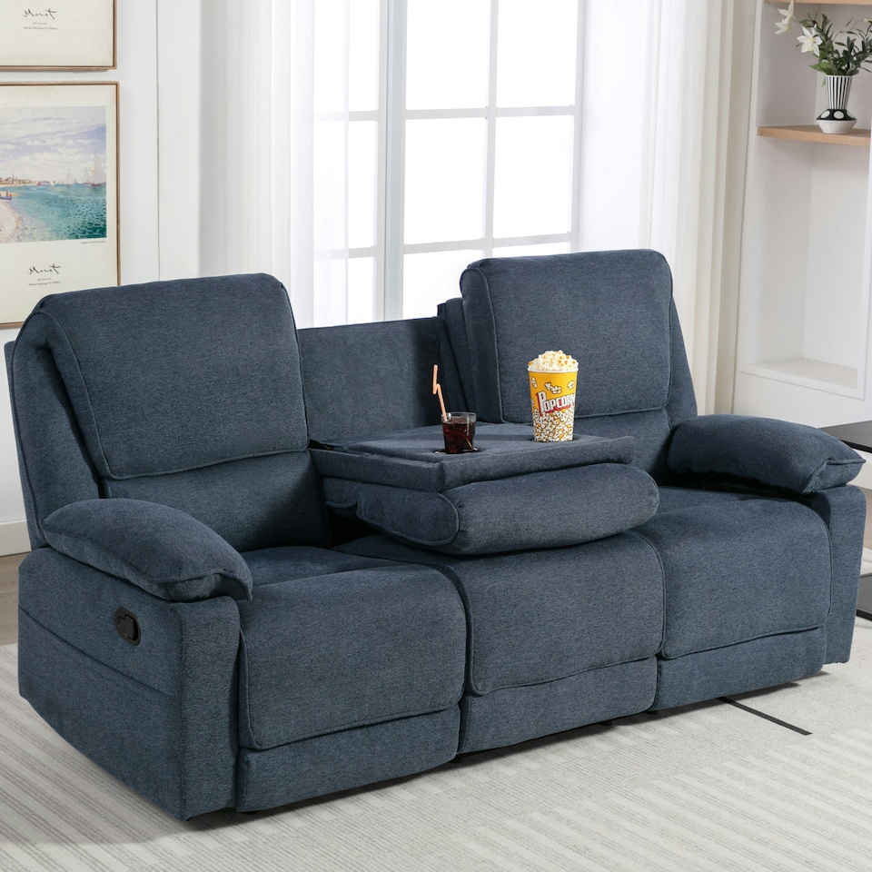 image 1 of Sydney 3 Seater Fabric Manual Recliner Sofa with Drinks Console (Blue)