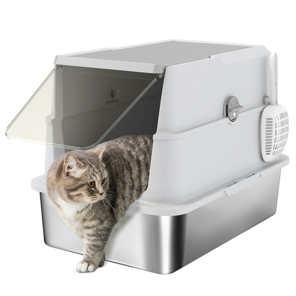 image 1 of PawHut Extra Large Stainless Steel Cat Litter Tray with Scoop, Flip Top Grey