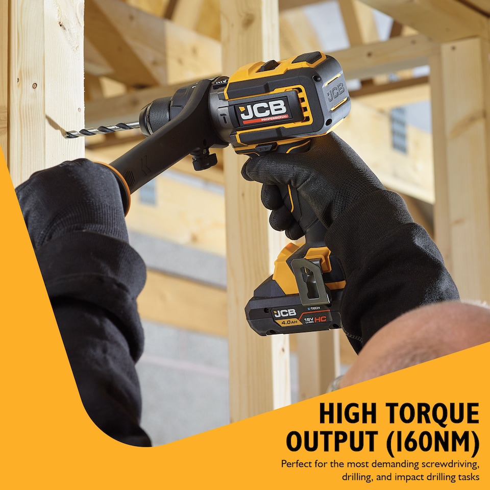 image 1 of JCB Pro Cordless Combi Drill 18v 160Nm Electric Screwdriver Impact Auxiliary Handle Anti Kickback (Bare Unit only)