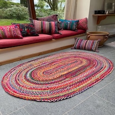 SUNDAR Oval Rug Braided with Recycled Fabric - L60 x W180 - Multicolour Multi