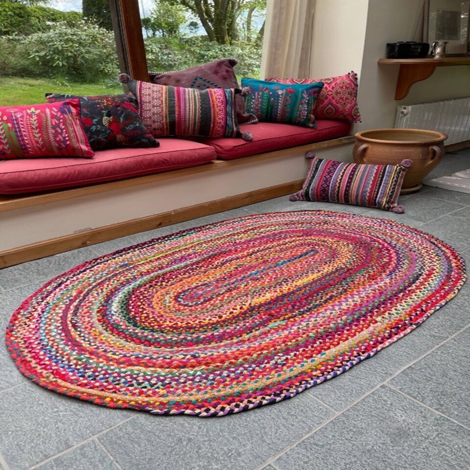 SUNDAR Oval Rug Braided with Recycled Fabric - L60 x W180 - Multicolour Multi