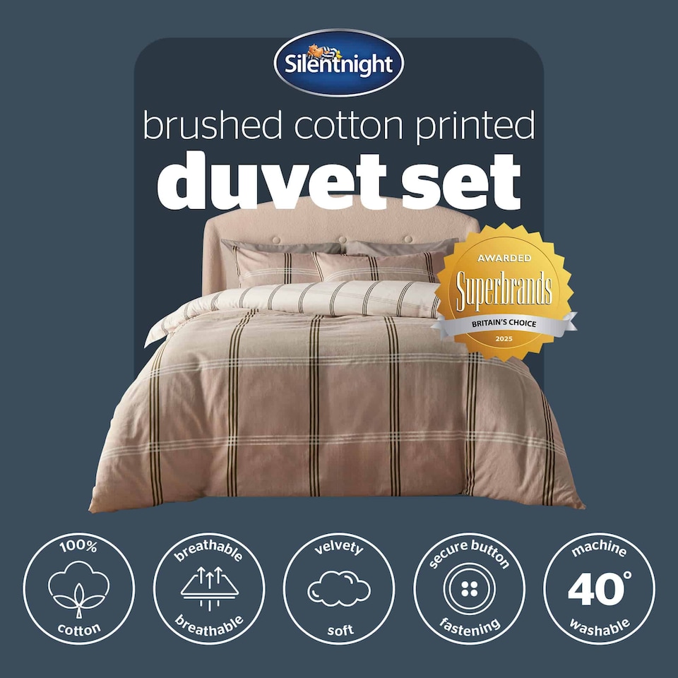 image 1 of Silentnight Brushed Cotton Check Print Duvet Cover Set, Natural