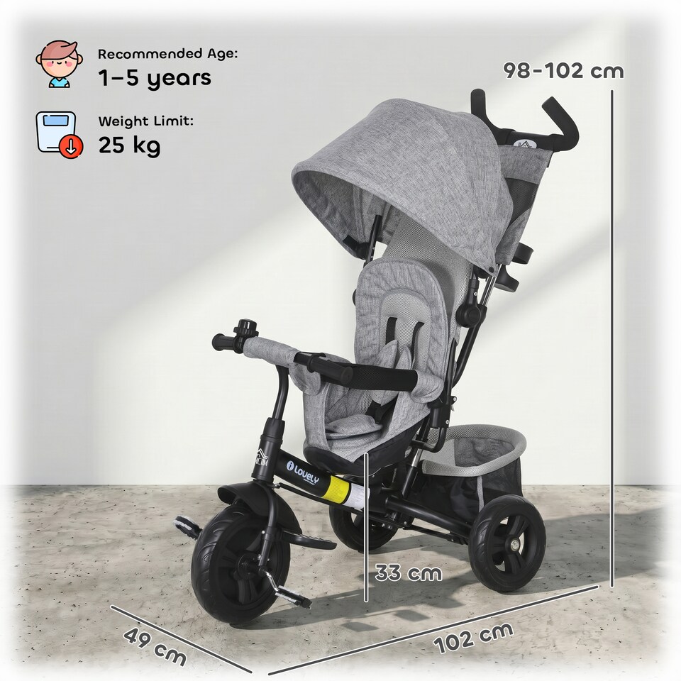 image 1 of HOMCOM 6 in 1 Kids Pedal Trike, Stroller with Parent Handle, Storage, Grey
