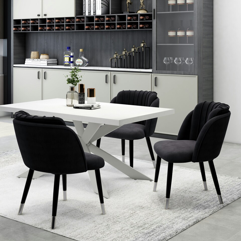 image 1 of Single Milano Velvet Dining Chair with Stylish Ribbed Back Design, Black Metal Legs with Silver Tips | Black | Silver End Tips