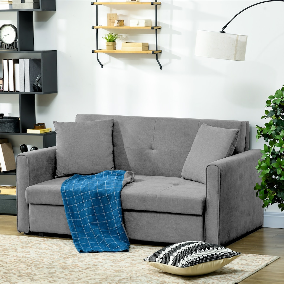 image 1 of HOMCOM 2 Seater Sofa Bed with Hidden Storage, Pull Out Convertible Bed Settee, Modern Snow Flannel Loveseat Sofa Sleeper with 2 Cushions for Living Room, Guest Room, Grey