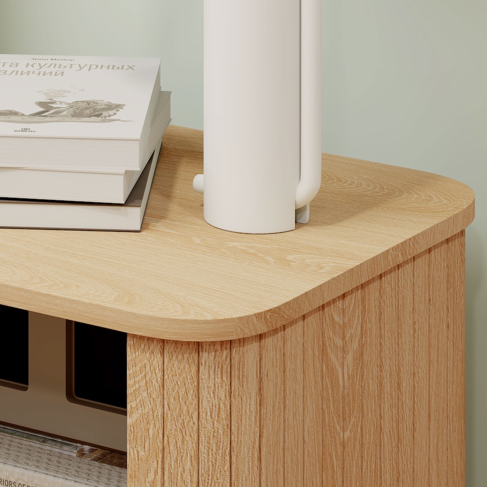 image 1 of HOMCOM Bedside Table, Nordic Side Table with Roller Shutter Style Sliding Doors and Metal Legs for Bedroom, Living Room, Oak Tone