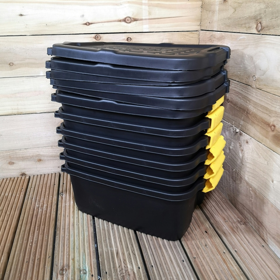 image 1 of 6 x 24L Heavy Duty Storage Boxes, Sturdy, Lockable, Stackable and Nestable Design Storage Chests with Clips in Black